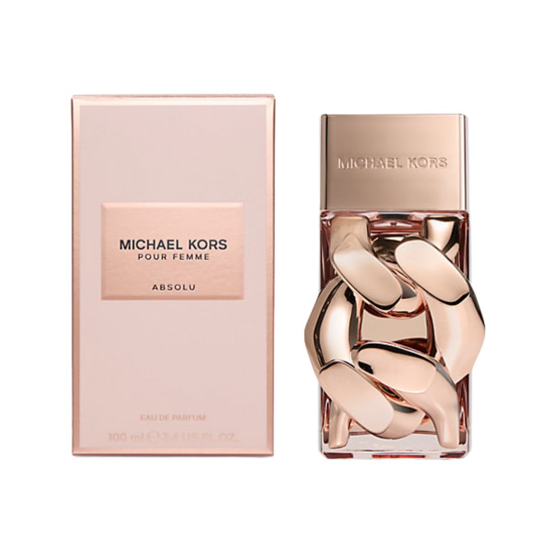 Michael Kors Pour Femme Absolu EDP 100ml, a sleek, gold and pink bottle suggesting a rich, opulent oriental floral scent with intense vanilla and rose notes.