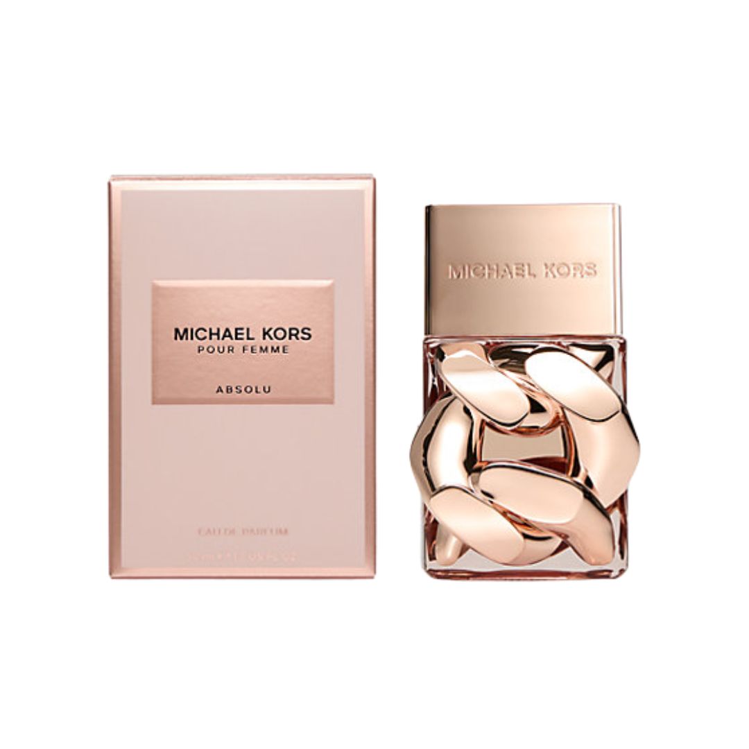 Michael Kors Pour Femme Absolu EDP 50ml, a sleek, gold and pink bottle suggesting a rich, opulent oriental floral scent with intense vanilla and rose notes.