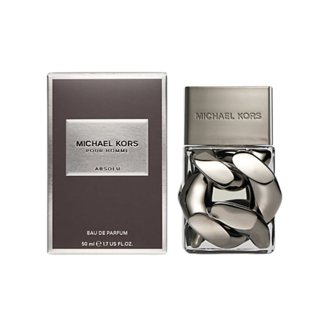 Michael Kors Pour Homme Absolu EDP 50ml, a sleek, dark grey and silver bottle suggesting an intense, aromatic woody scent with fresh spice, incense and cedarwood notes.