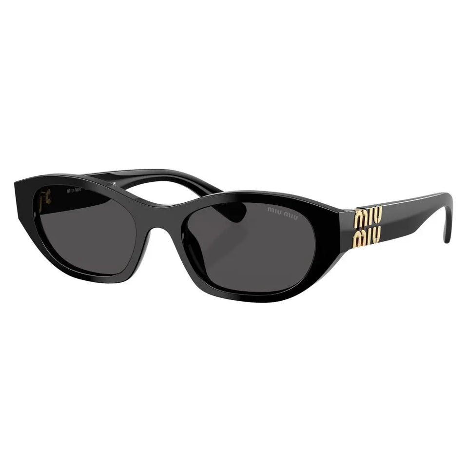 Miu Miu MU A03S 16K08Z sunglasses in shiny black with dark grey lenses and gold logos - Gadgets Online NZ