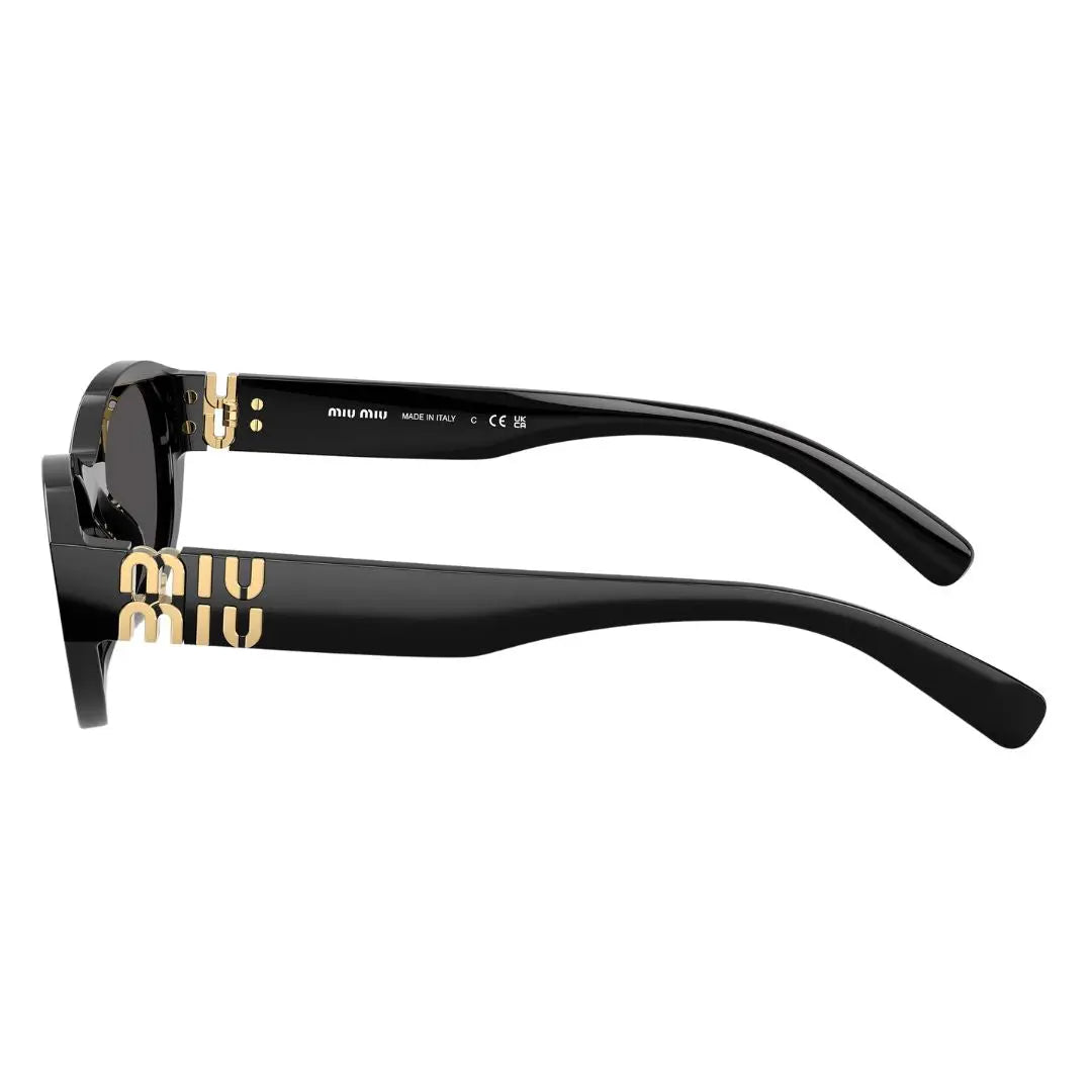 Side view of Miu Miu MU A03S black sunglasses showing thick temples and vertical gold logos - Gadgets Online NZ