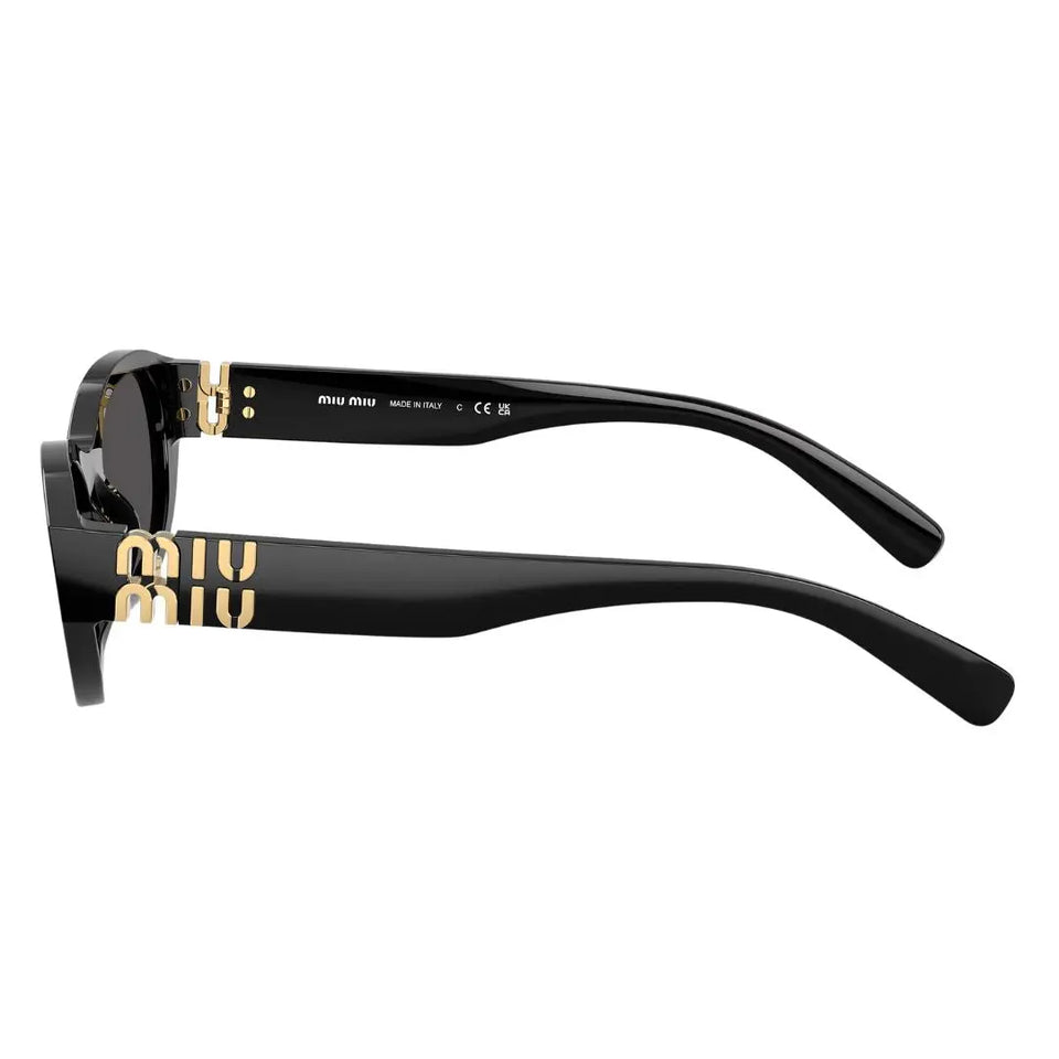 Side view of Miu Miu MU A03S black sunglasses showing thick temples and vertical gold logos - Gadgets Online NZ
