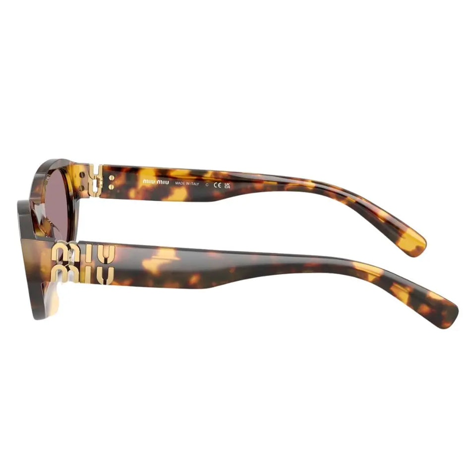 Side view of Miu Miu MU A03S sunglasses showing thick tortoise temples and vertical gold Miu Miu logos - Gadgets Online NZ