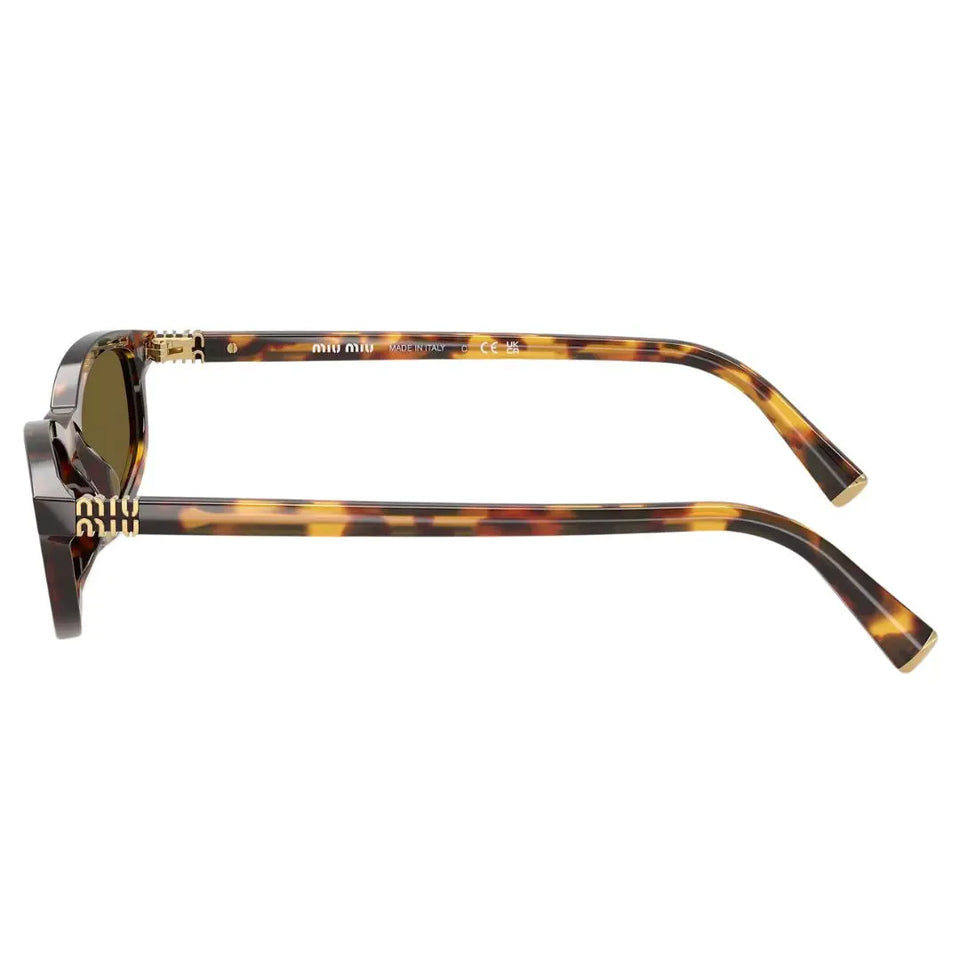Side view of Miu Miu MU A03S sunglasses showing slim tortoise temples and gold Miu Miu branding - Gadgets Online NZ