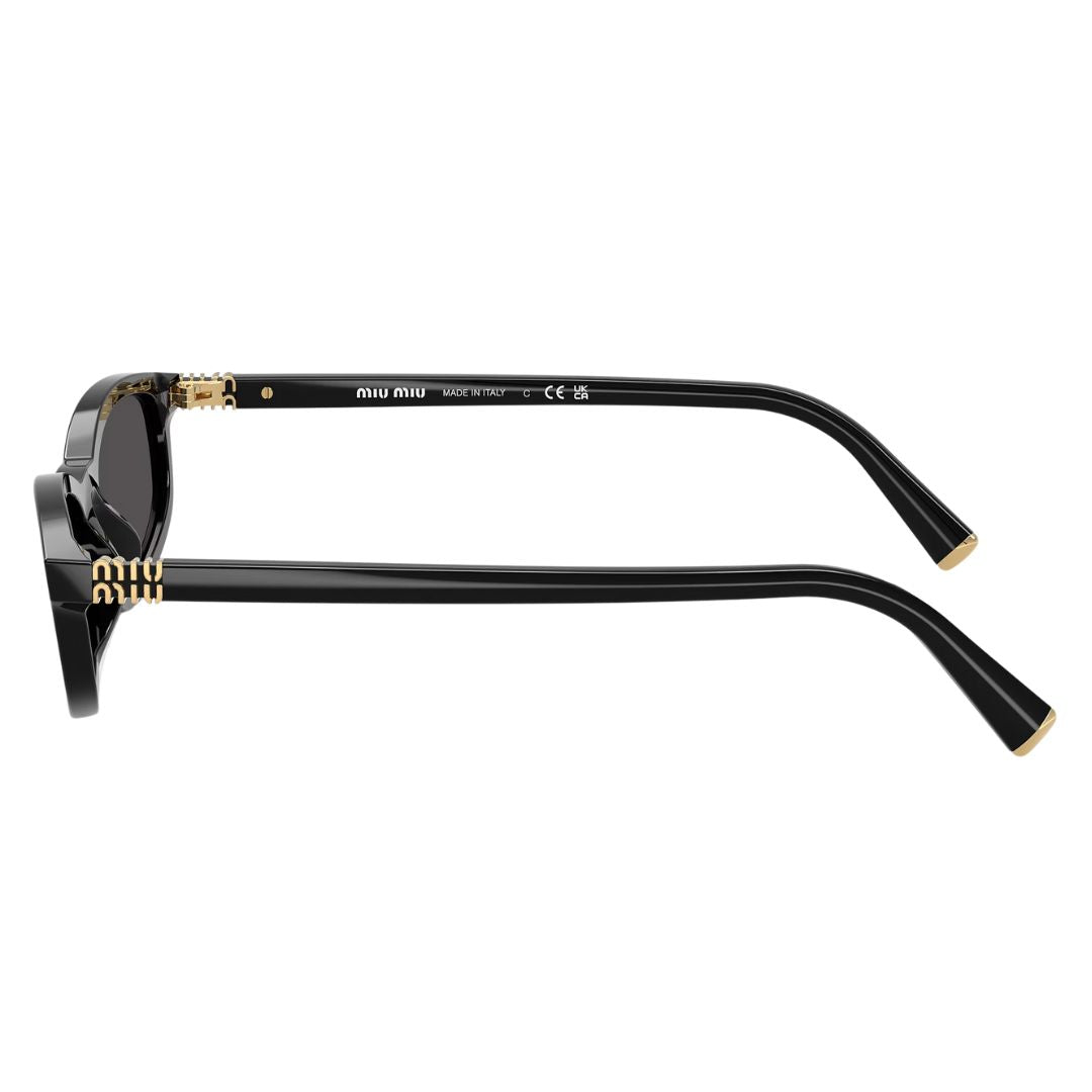 Side view of Miu Miu MU A06S black sunglasses showing slim temples and gold Miu Miu branding - Gadgets Online NZ