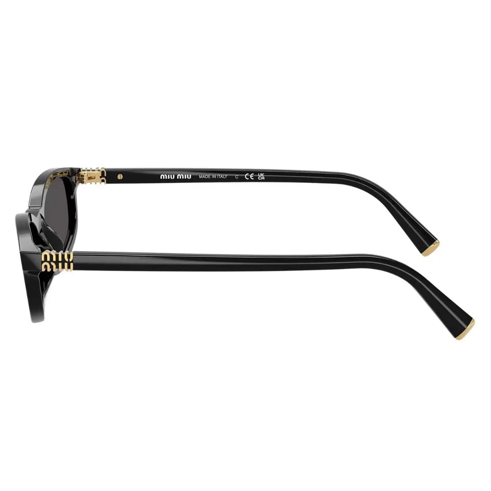 Side view of Miu Miu MU A06S black sunglasses showing slim temples and gold Miu Miu branding - Gadgets Online NZ