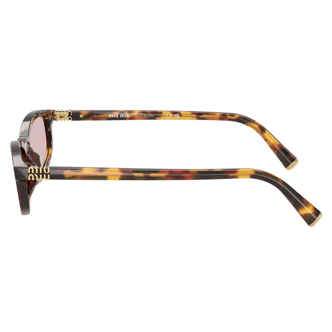 Side view of Miu Miu MU A06S sunglasses showing slim tortoise temples and gold Miu Miu branding - Gadgets Online NZ