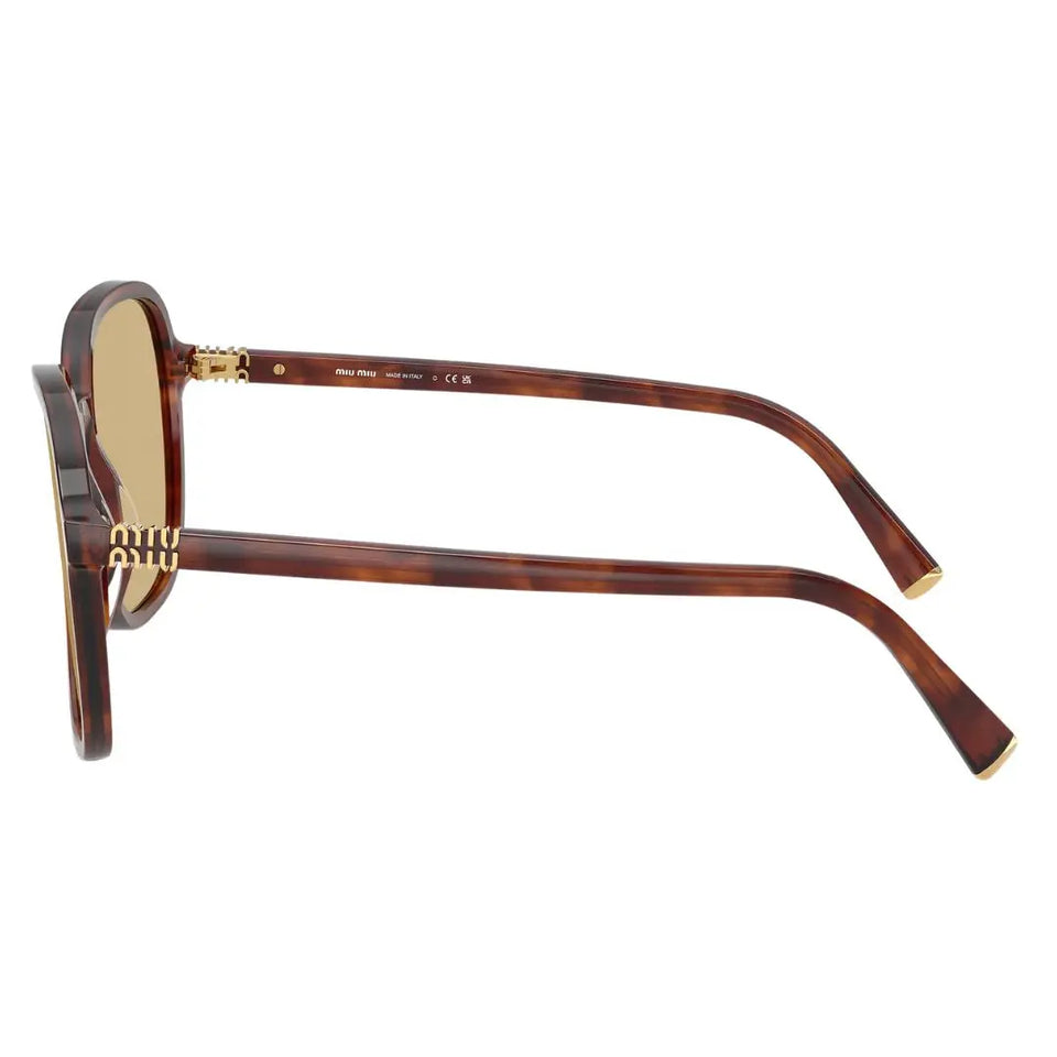 Side view of Miu Miu MU B01S sunglasses showing slim tortoise temples and gold Miu Miu branding - Gadgets Online NZ
