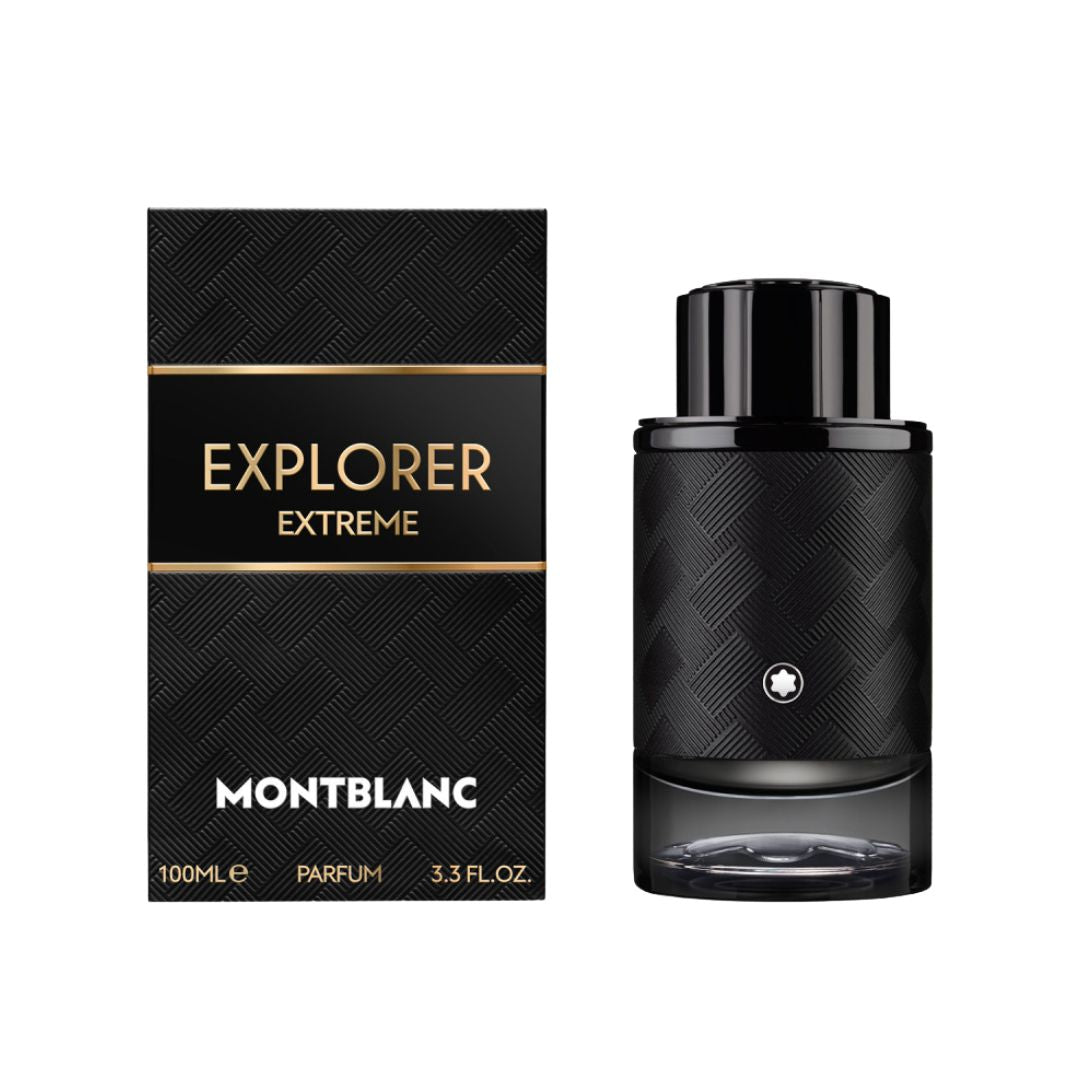 Montblanc Explorer Extreme Parfum 100ml, a sleek, black bottle suggesting a deep, intense, leathery, and woody masculine fragrance.