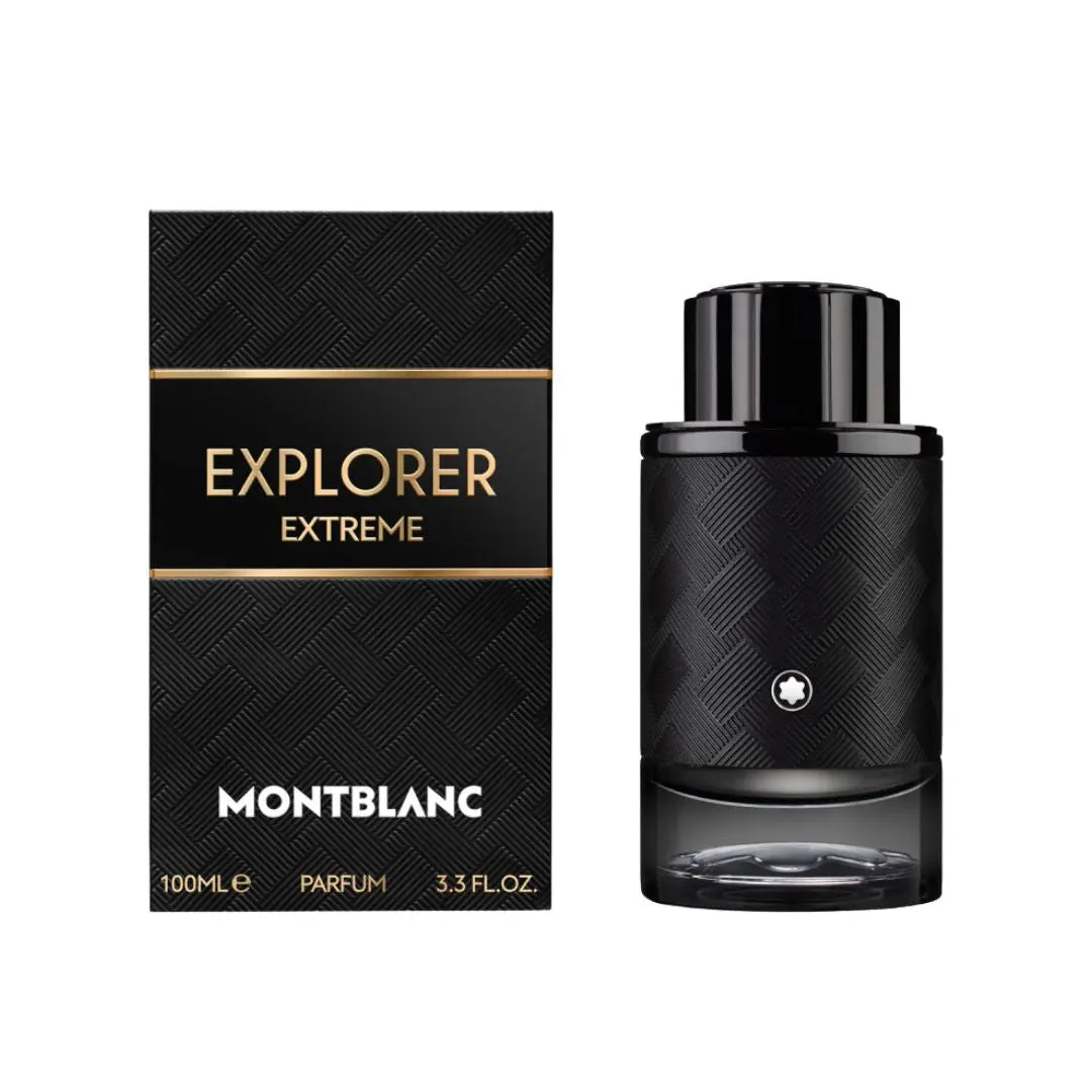 Montblanc Explorer Extreme Parfum 100ml, a sleek, black bottle suggesting a deep, intense, leathery, and woody masculine fragrance.