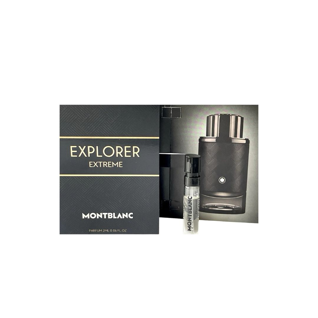 Montblanc Explorer Extreme Parfum 2ml vial sample, a small glass tube, perfect for trying a deeply intense, woody, and leathery masculine fragrance.