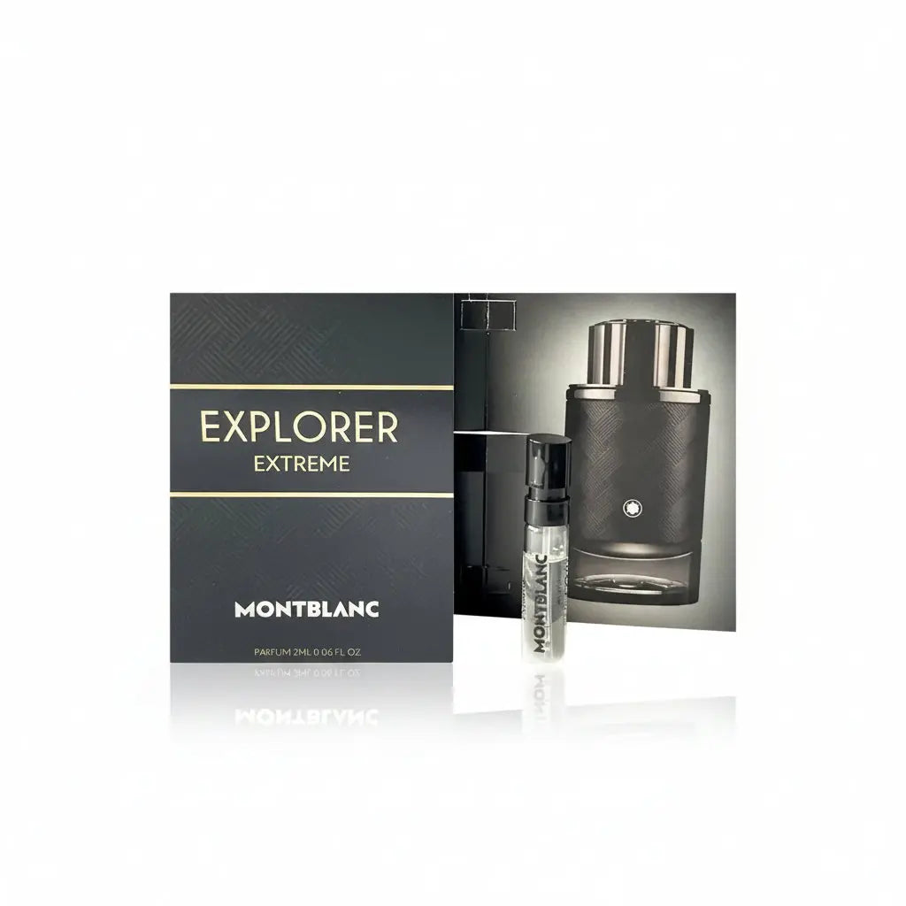 Montblanc Explorer Extreme Parfum 2ml vial sample, a small glass tube, perfect for trying a deeply intense, woody, and leathery masculine fragrance.