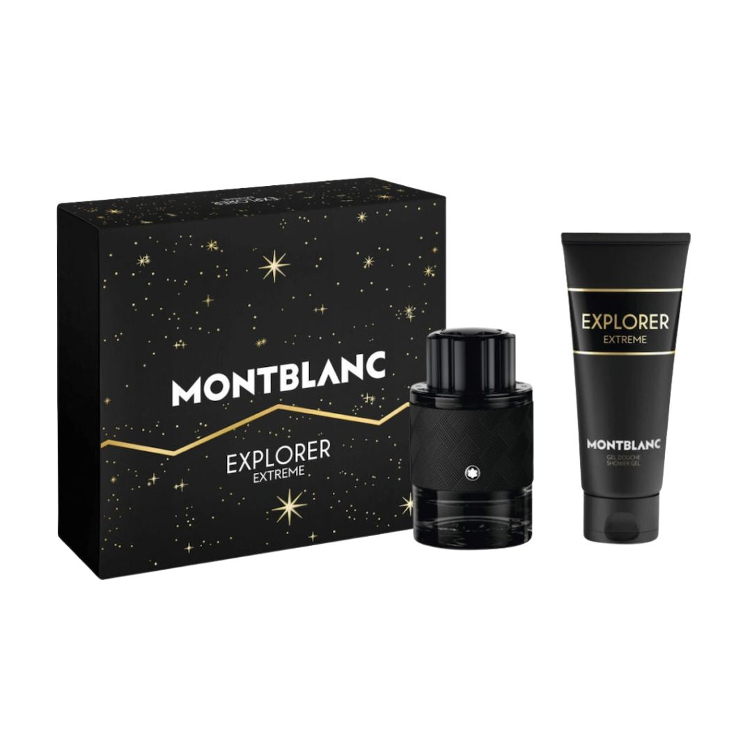 Mont Blanc Explorer Extreme Parfum 60ml 2pc Gift Set, a dark, sleek black and grey box containing the 60ml Parfum bottle and 100ml Shower Gel, suggesting an intense, deeply woody, and rugged leather aromatic scent.