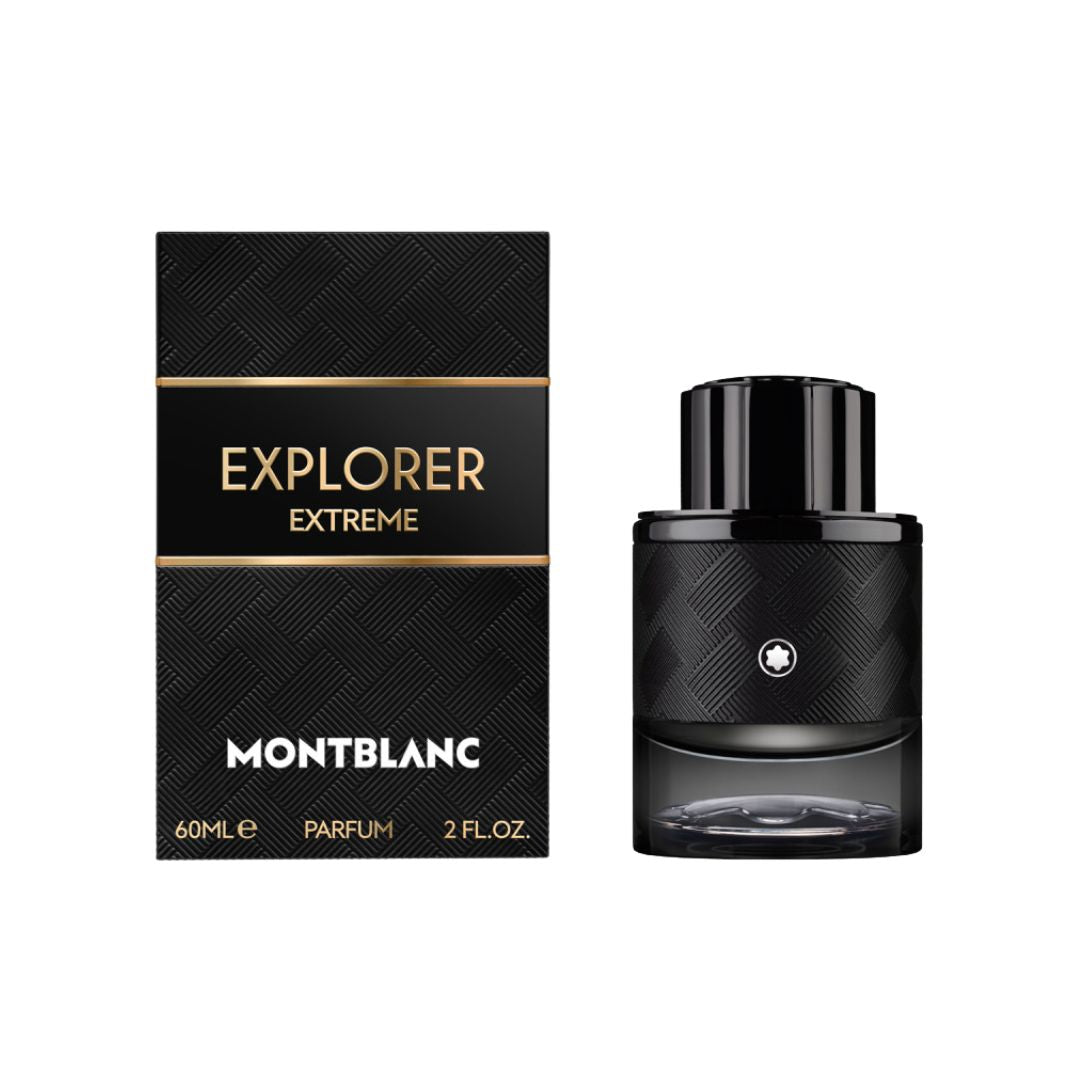 Montblanc Explorer Extreme Parfum 100ml, a sleek, black bottle suggesting a deep, intense, leathery, and woody masculine fragrance.