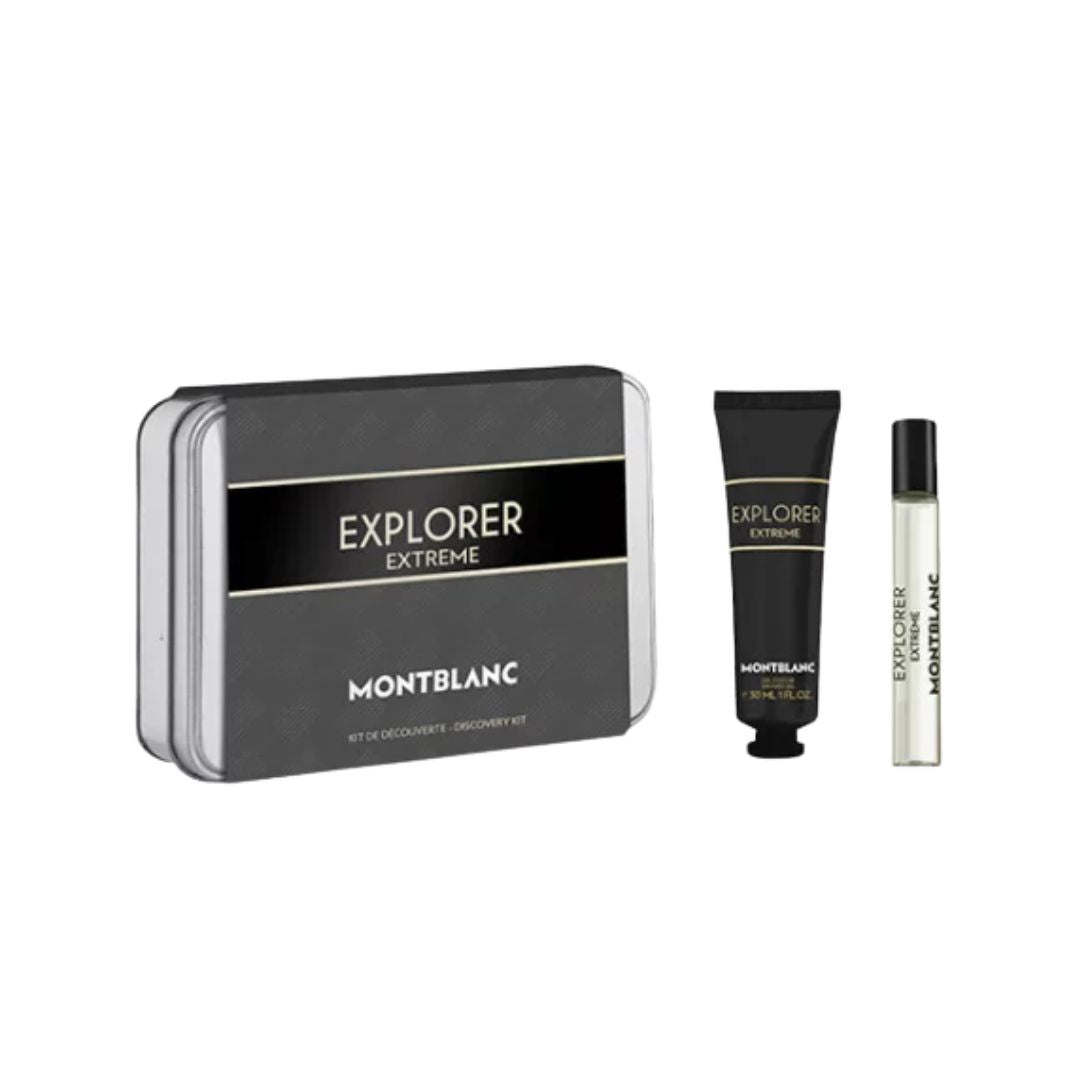 Montblanc Explorer Extreme Parfum Discovery Kit Gift Set, featuring a 7.5ml natural spray and a 30ml shower gel in a travel-friendly box.