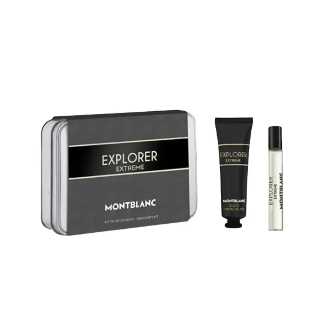 Montblanc Explorer Extreme Parfum Discovery Kit Gift Set, featuring a 7.5ml natural spray and a 30ml shower gel in a travel-friendly box.