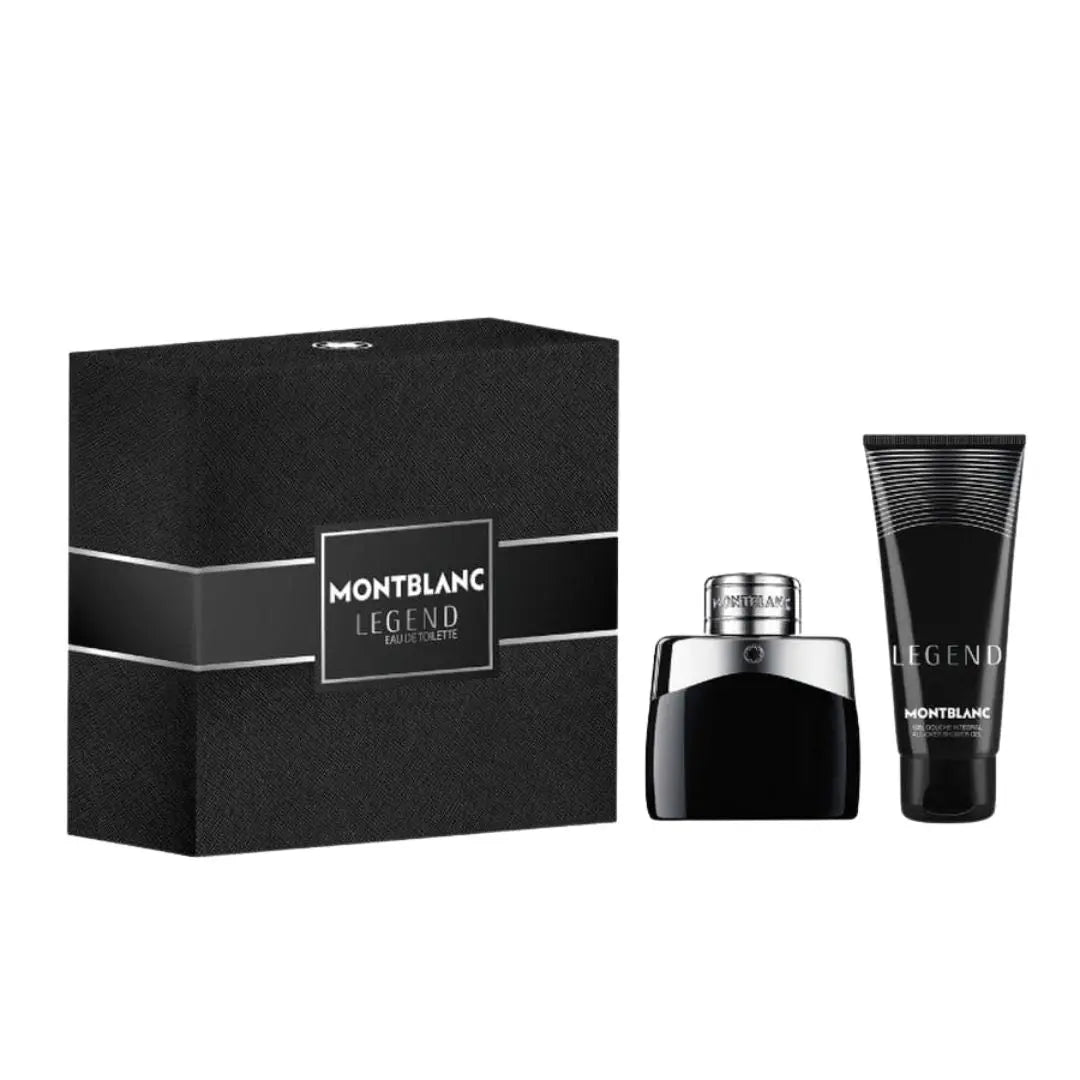 Mont Blanc Legend 50ml EDT 2 Piece Gift Set, featuring the iconic black bottle and a shower gel in an elegant gift box.