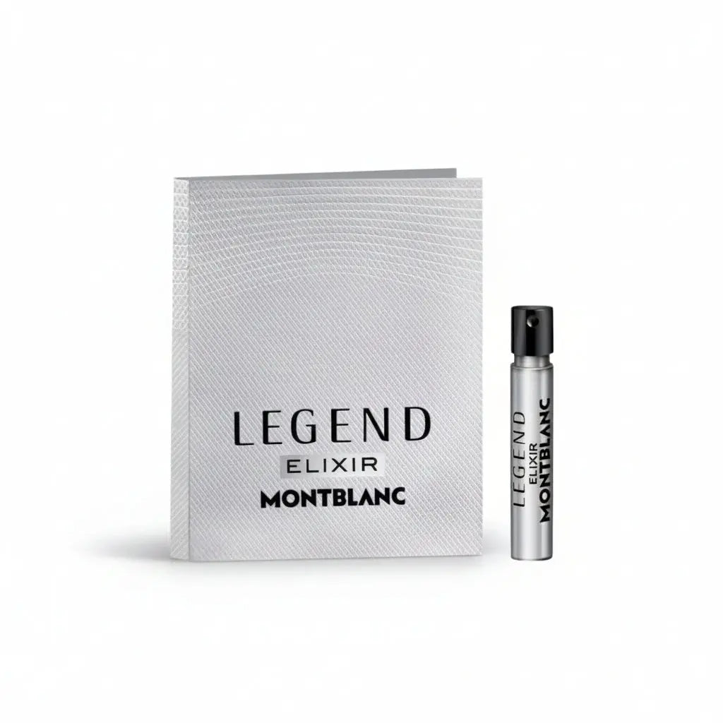 Montblanc Legend Elixir fragrance 1.2ml shown with a textured silver outer box and a matching silver cylindrical sample vial with a black cap on a white background.