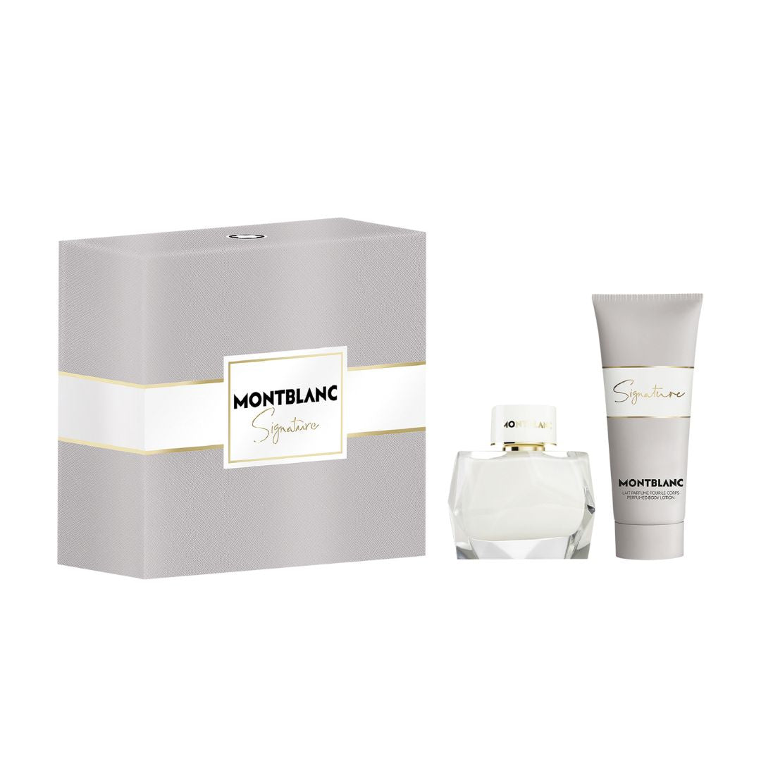 Mont Blanc Signature 50ml EDP 2 Piece Gift Set, featuring the elegant white and gold bottle and a matching body lotion in an elegant gift box.