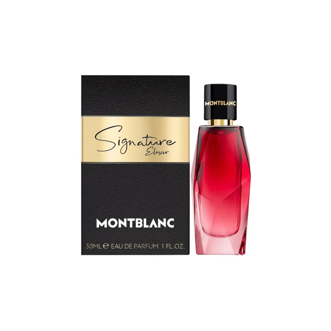 Montblanc Signature Elixir EDP 30ml, an elegant faceted bottle in an opulent gold-toned finish, representing a warm and intense amber floral fragrance for women.