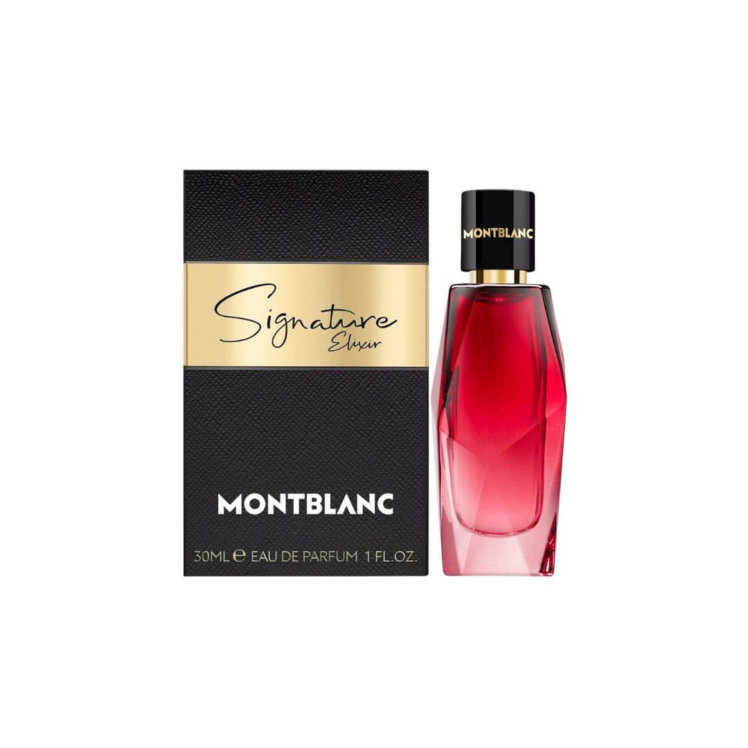 Montblanc Signature Elixir EDP 30ml, an elegant faceted bottle in an opulent gold-toned finish, representing a warm and intense amber floral fragrance for women.