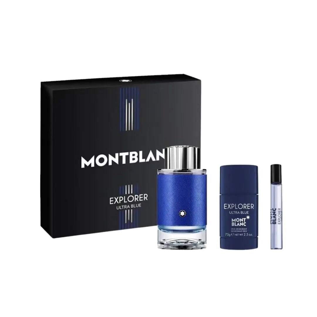 Montblanc Explorer Ultra Blue 100ml EDP 3 Piece Gift Set, featuring the iconic blue bottle, deodorant stick, and travel spray in an elegant gift box.