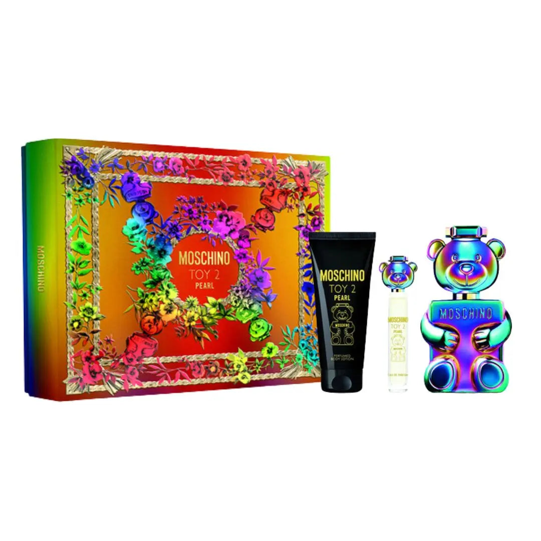 Moschino Toy 2 Pearl 100ml EDP 3pc Gift Set, featuring the iconic teddy bear-shaped bottle, body lotion, and travel spray in a stylish gift box.
