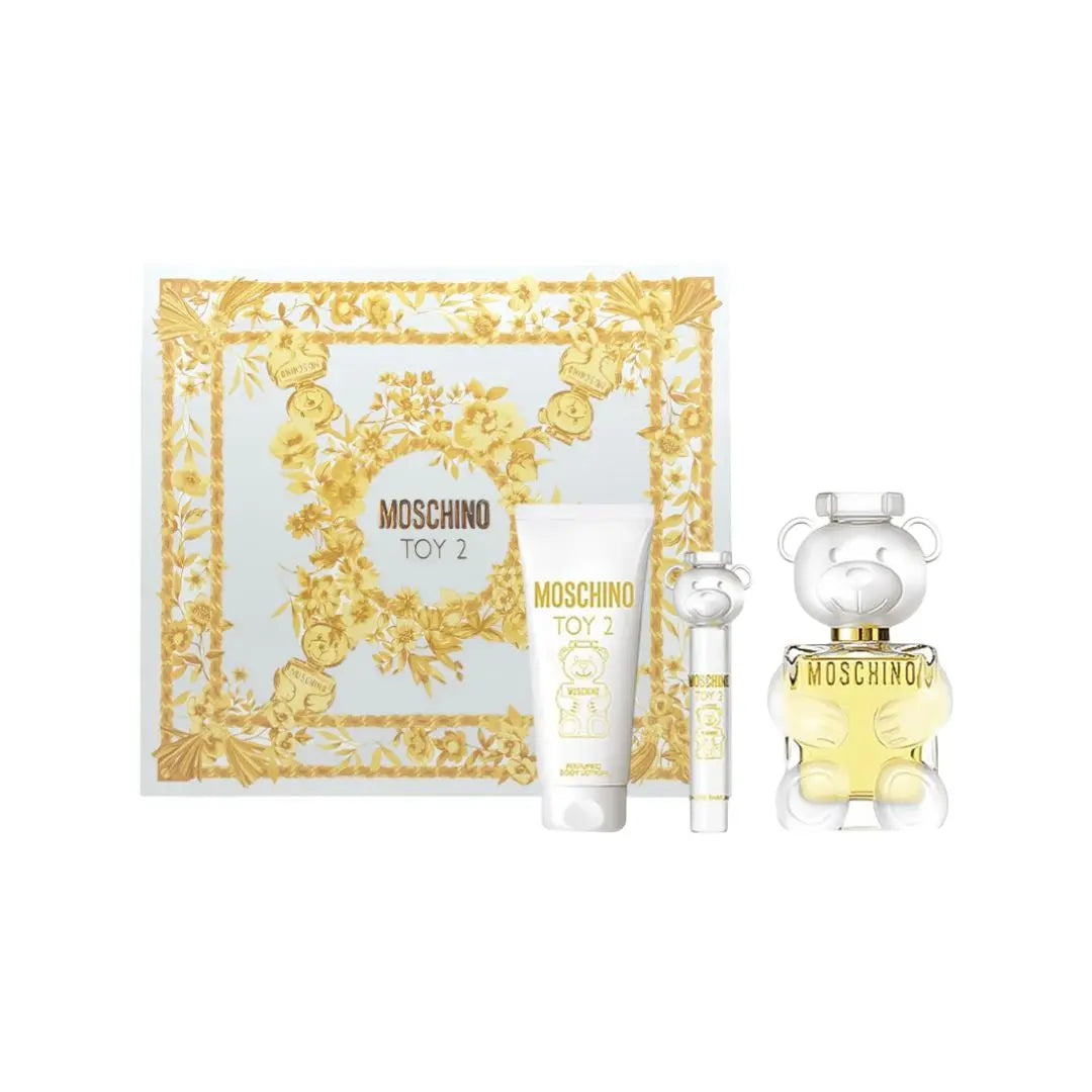 Moschino Toy 2 100ml EDP 3pc Gift Set, featuring the iconic teddy bear-shaped bottle, body lotion, and travel spray in a stylish gift box.