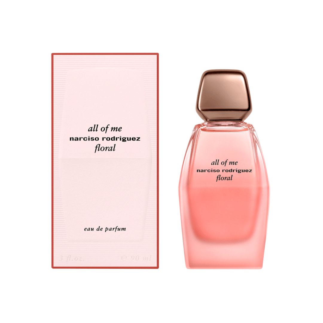 Narciso Rodriguez All of Me Floral EDP 90ml, a striking multifaceted clear glass bottle with a pink liquid and silver cap, suggesting a fresh, vibrant, floral, and musky scent.