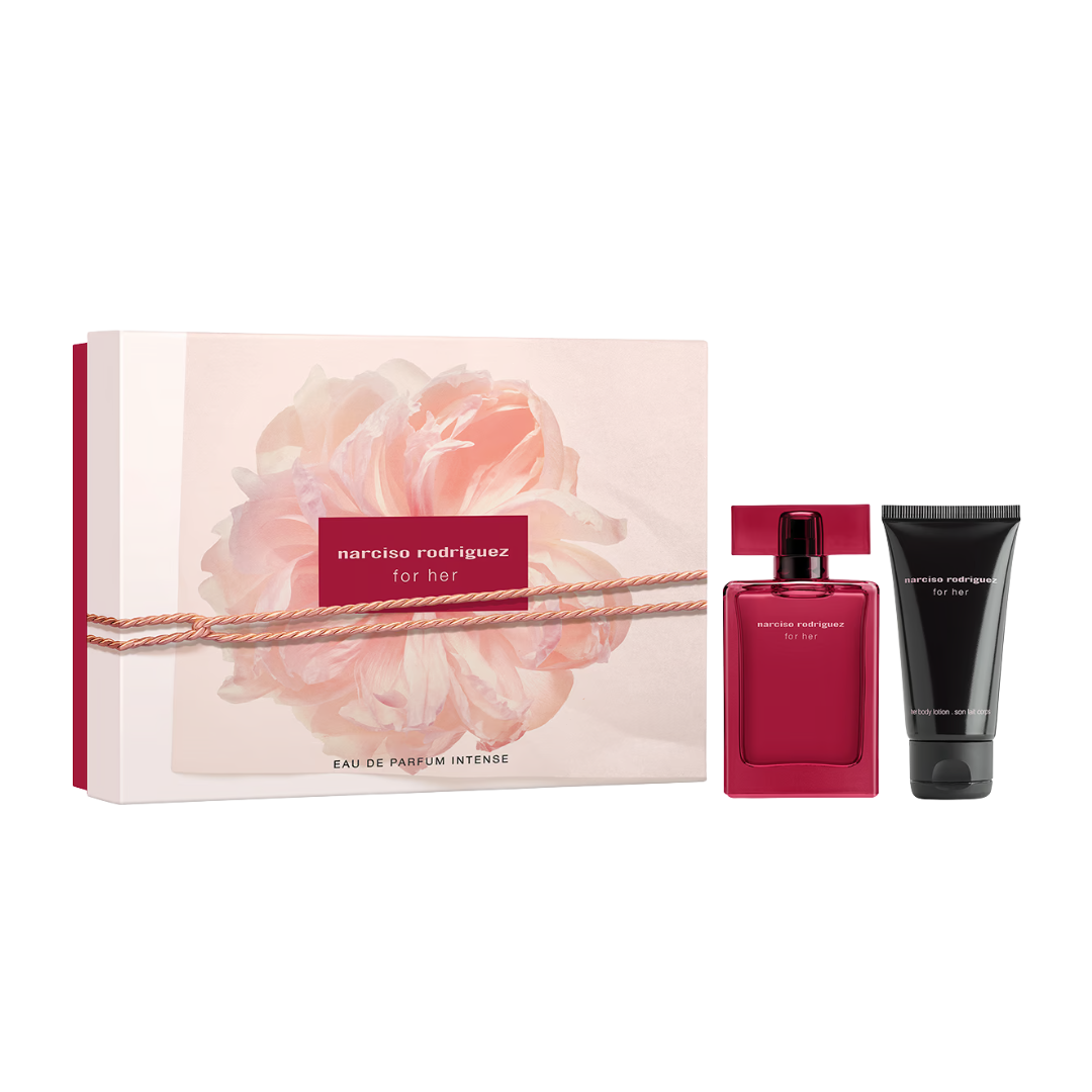 Narciso Rodriguez For Her Intense 50ml EDP 2 Piece Gift Set, featuring the sleek pink bottle and a matching body lotion in an elegant gift box.