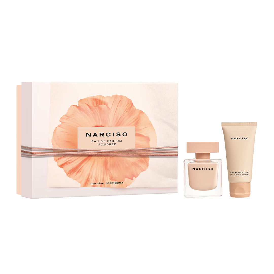 Narciso Rodriguez Poudree 50ml EDP 2 Piece Gift Set, featuring the sleek beige cube bottle and a matching body lotion in an elegant gift box.
