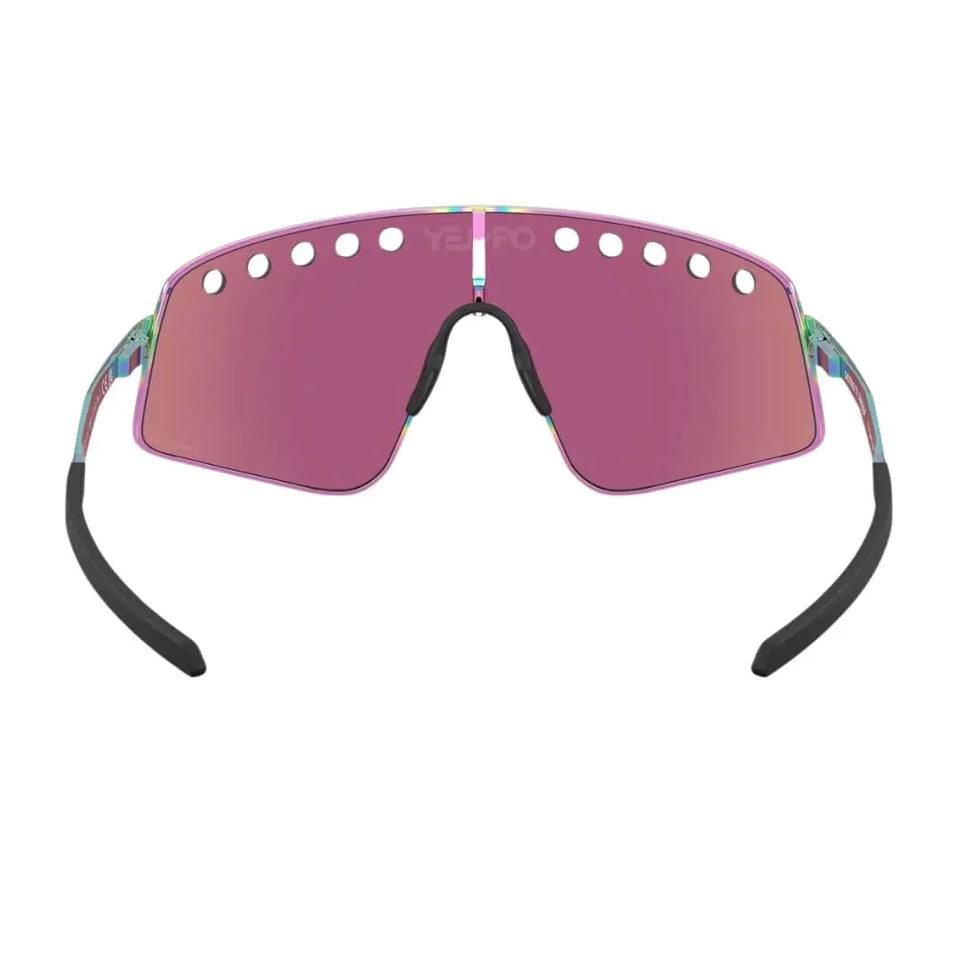 Oakley Sutro Ti Sweep Sunglasses - Top Angle View of Polished Oil Slick Frame and Prizm Road Jade Lenses