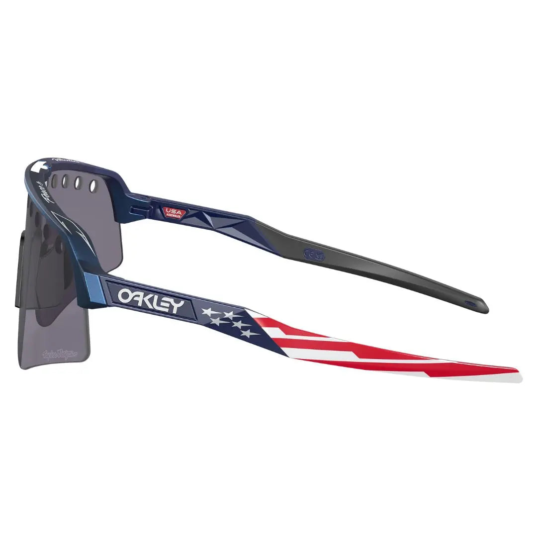 Side view of Oakley TLD Sutro Lite Sweep showing Stars and Stripes graphic on navy temples - Gadgets Online NZ