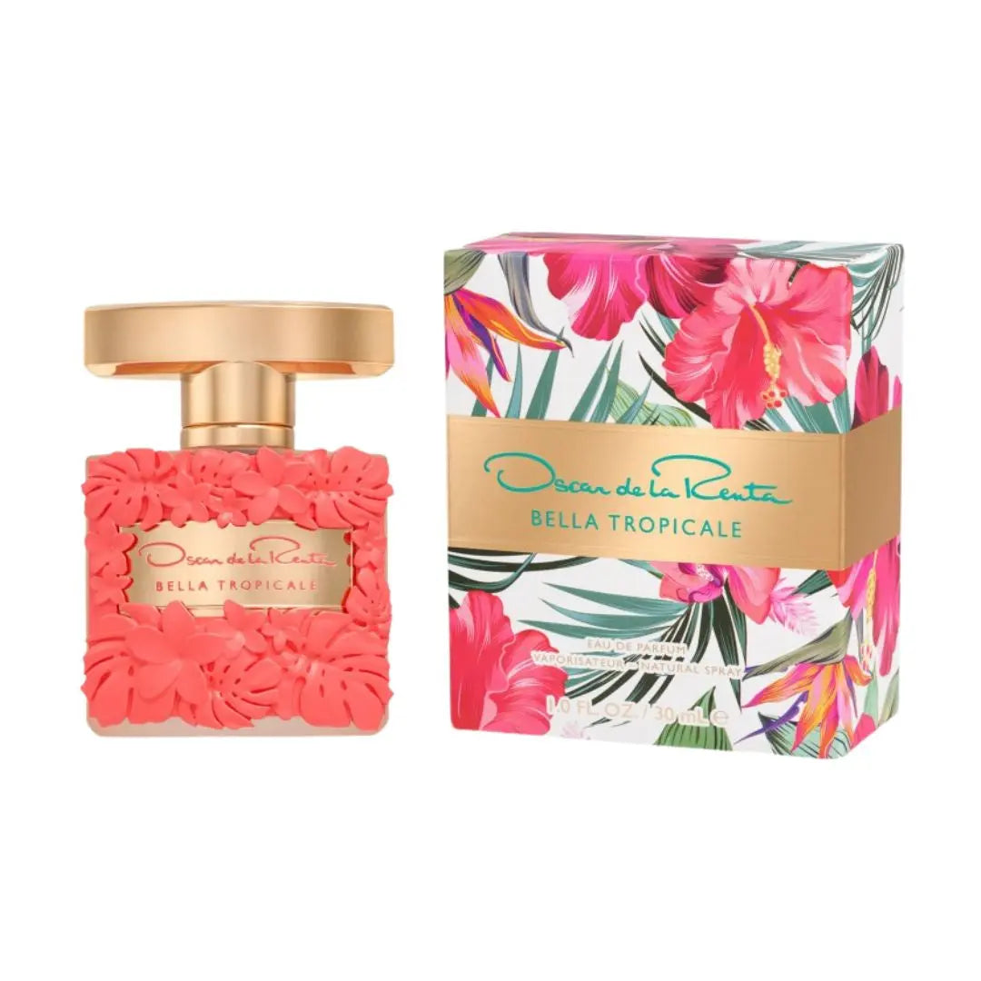 Oscar De La Renta Bella Tropicale 30ml EDP, a sleek gold bottle with a tropical design, suggesting a lush, fruity, and solar feminine fragrance