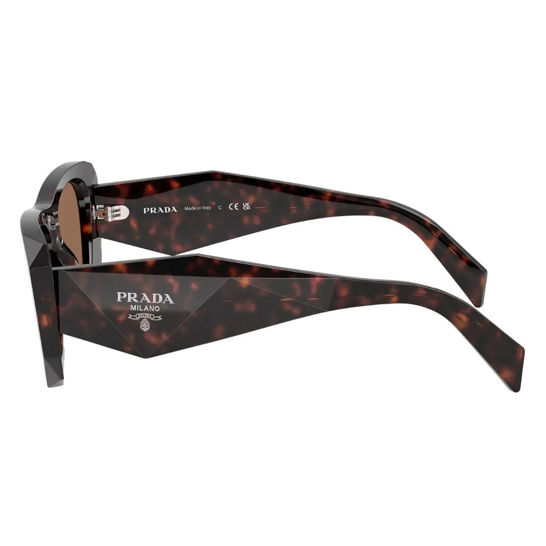 Side view of Prada PR B18S showing wide faceted Havana temples with silver Prada Milano logo - Gadgets Online NZ