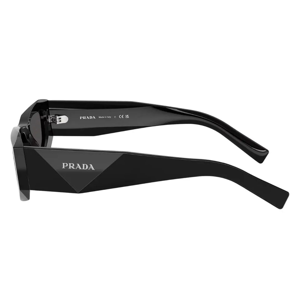 Side view of Prada PR B19S sunglasses showing wide faceted temples with silver triangular logo - Gadgets Online NZ