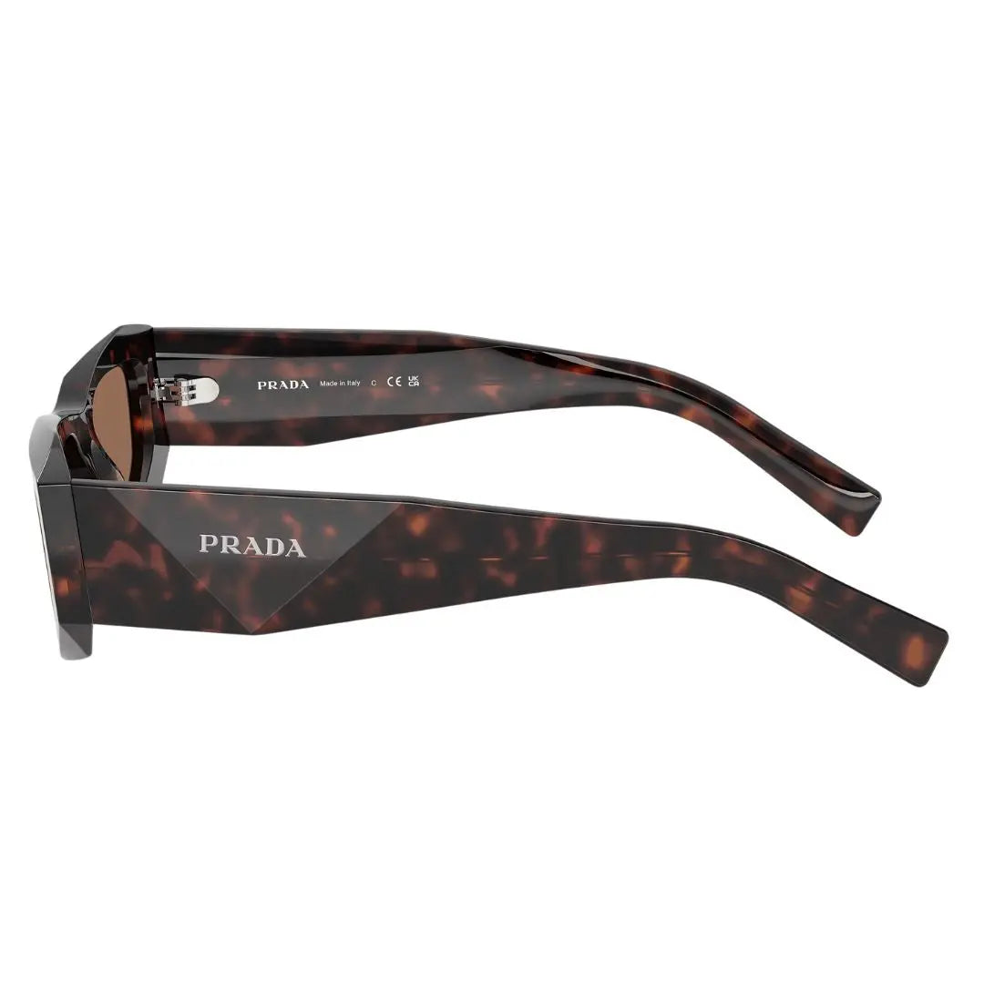 Side view of Prada PR B19S sunglasses showing wide faceted Havana temples with silver Prada logo - Gadgets Online NZ