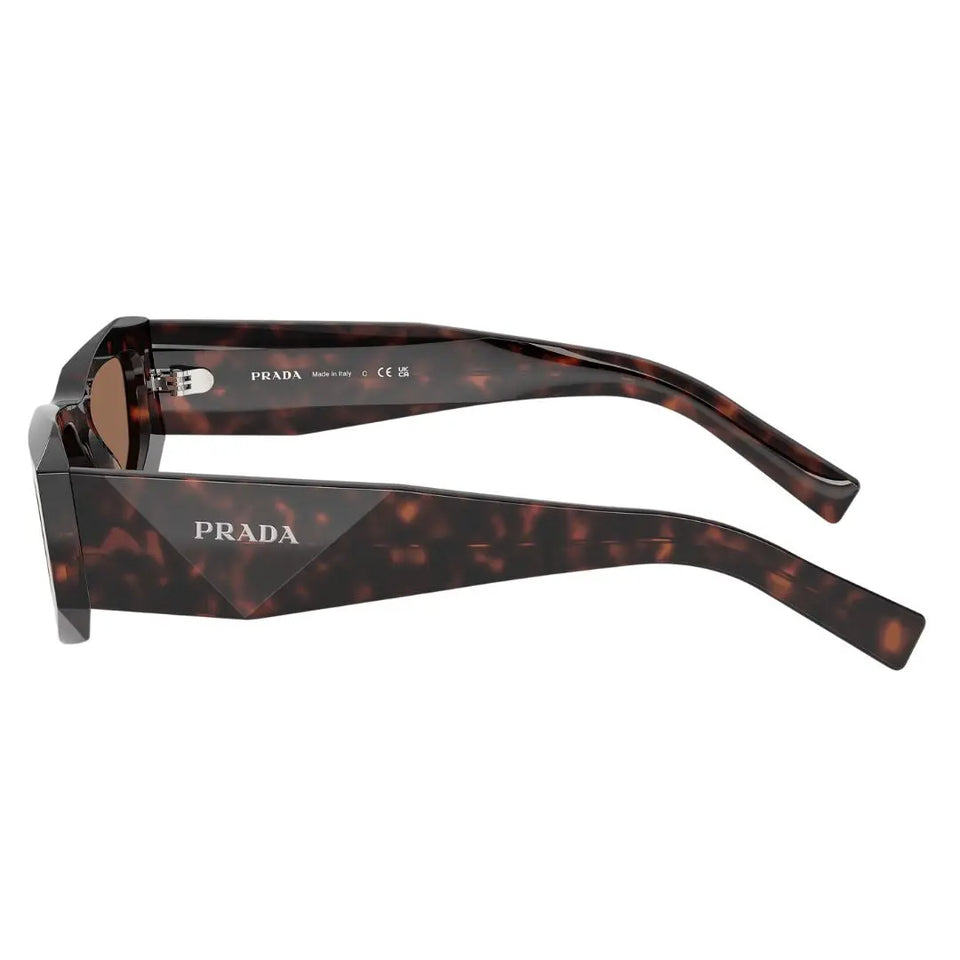 Side view of Prada PR B19S sunglasses showing wide faceted Havana temples with silver Prada logo - Gadgets Online NZ