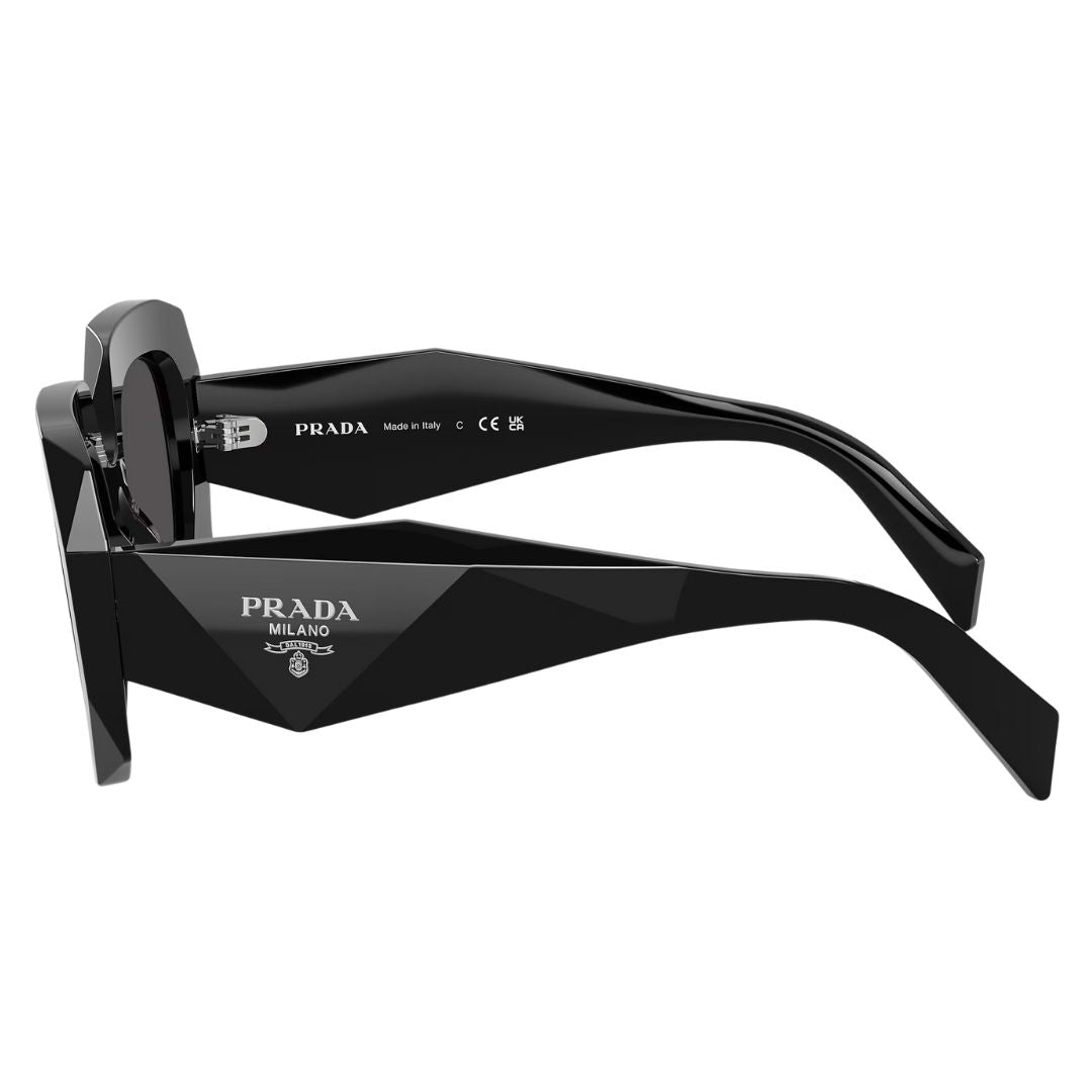 Side view of Prada PR B23S sunglasses showing wide faceted black temples with silver triangular logo - Gadgets Online NZ