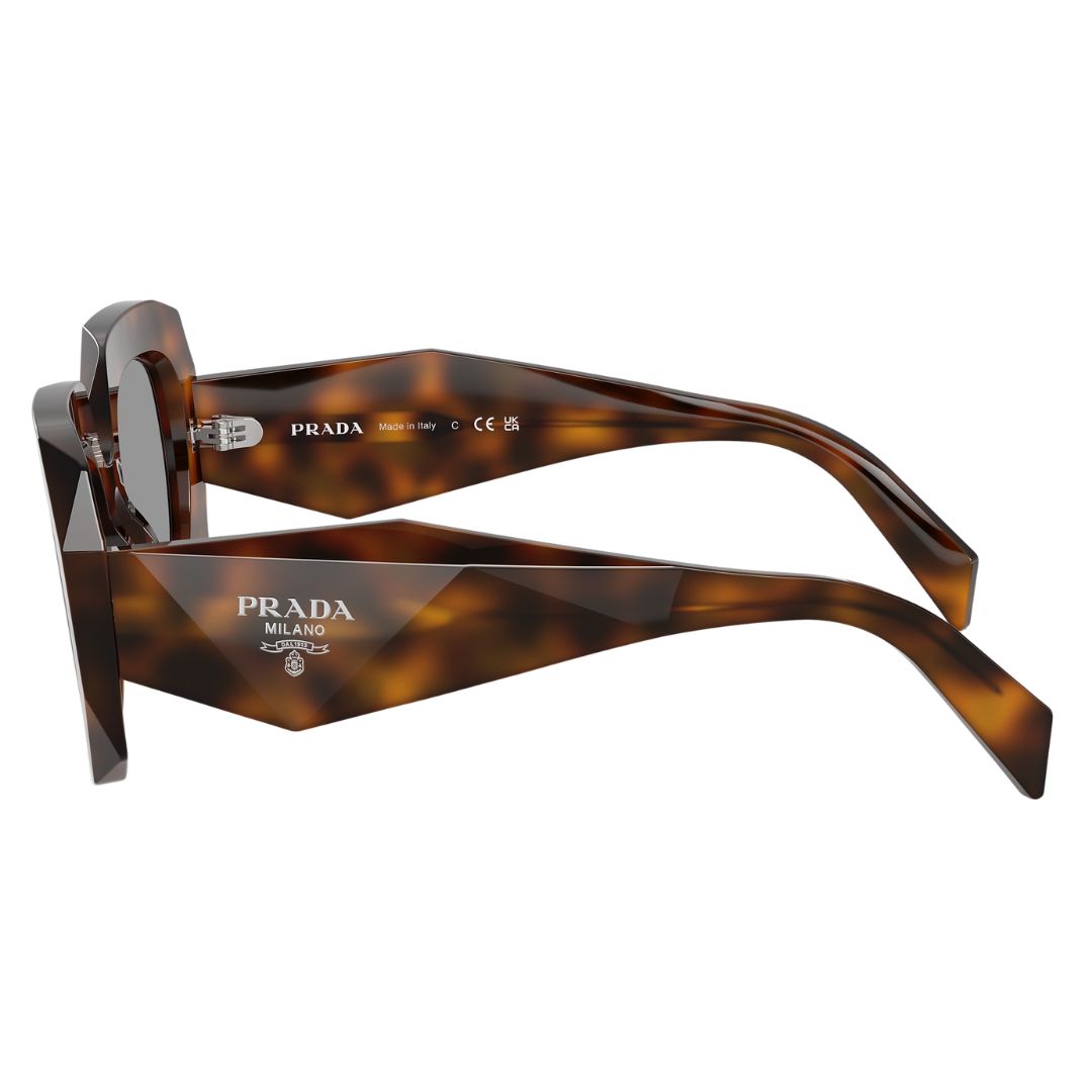 Side view of Prada PR B23S showing wide faceted Juniper Tortoise temples and silver Prada logo - Gadgets Online NZ
