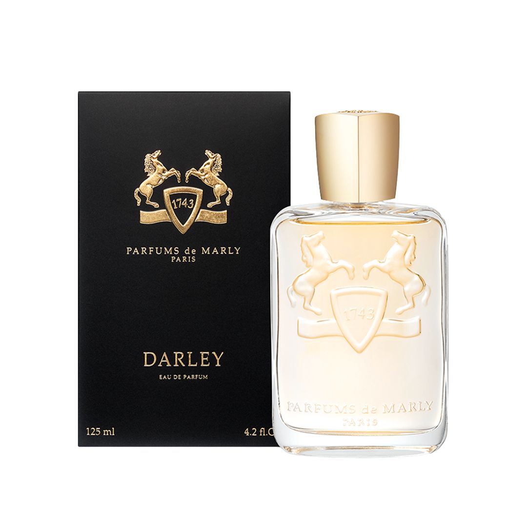 Parfums De Marly Darley 125ml EDP, a luxurious clear bottle with a silver cap and plaque, suggesting a fresh, aromatic, and classic masculine fragrance.