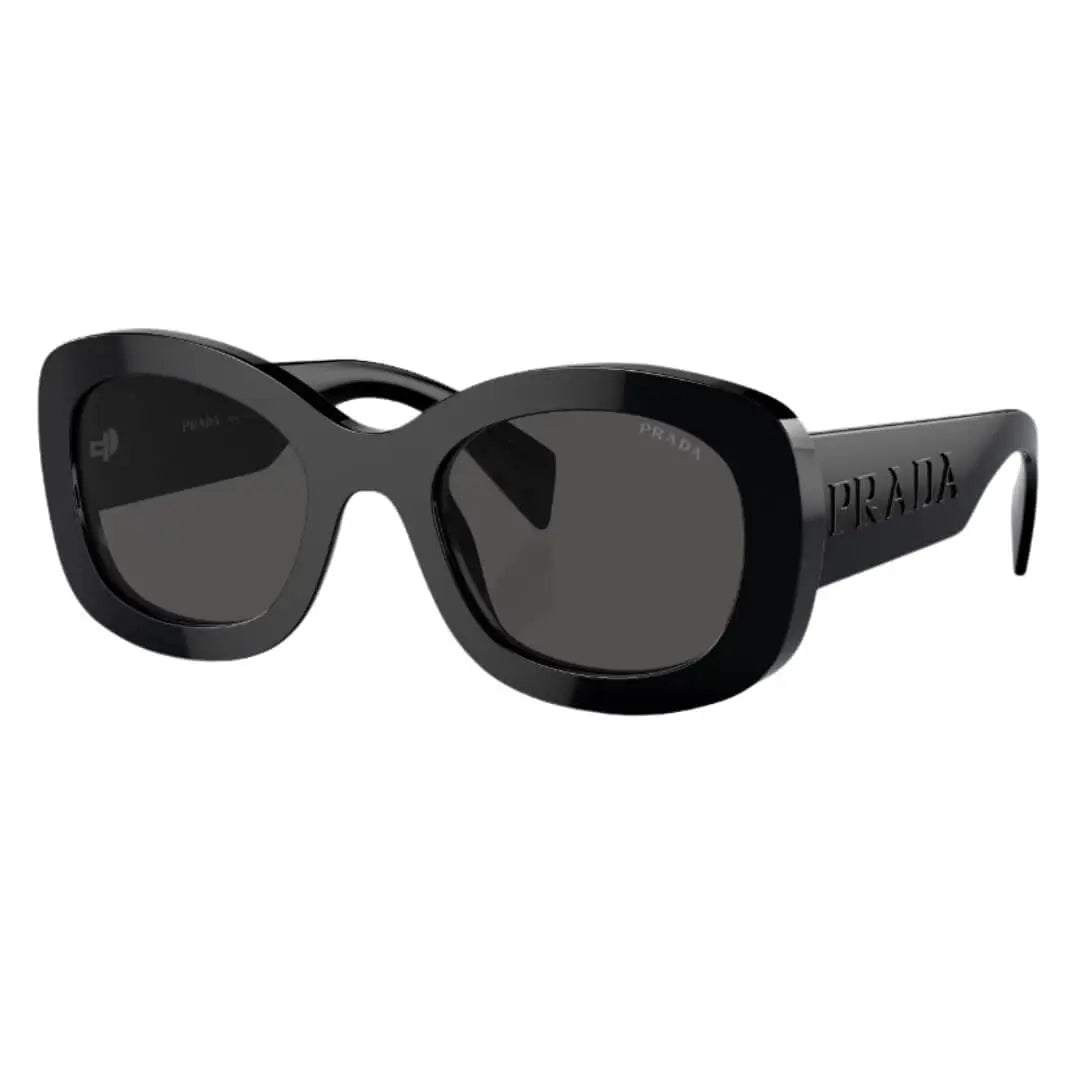 Prada PR A13S 1AB5S0 - Side Angle of Black Frame Dark and Grey Lenses