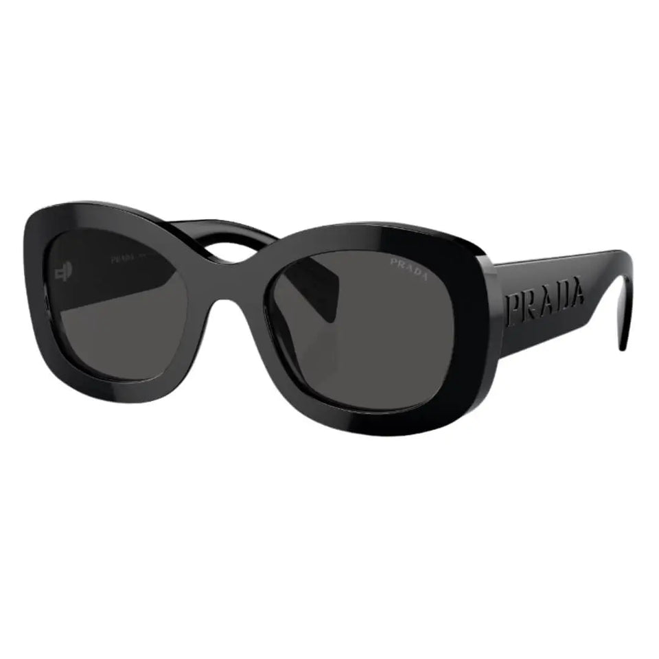 Prada PR A13S 1AB5S0 - Side Angle of Black Frame Dark and Grey Lenses