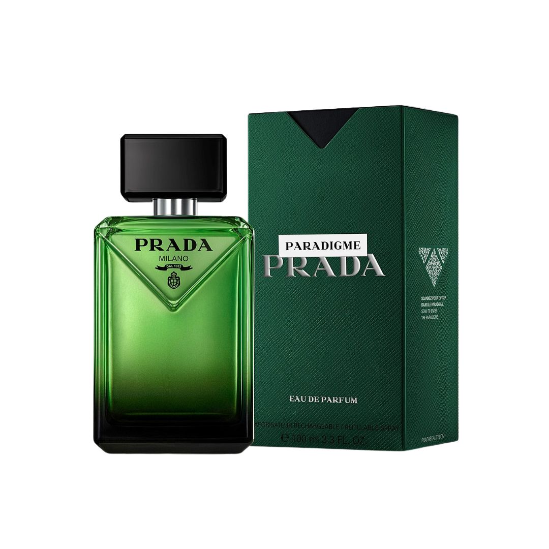 Prada Paradigme 100ml EDP, a sleek, modern bottle suggesting a fresh, aromatic, and woody masculine fragrance.