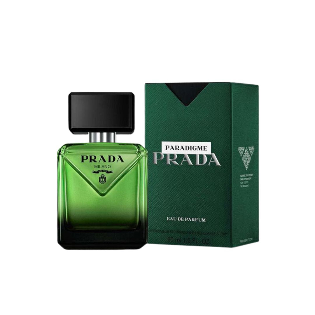 Prada Paradigme 50ml EDP, a sleek, modern bottle suggesting a fresh, aromatic, and woody masculine fragrance.