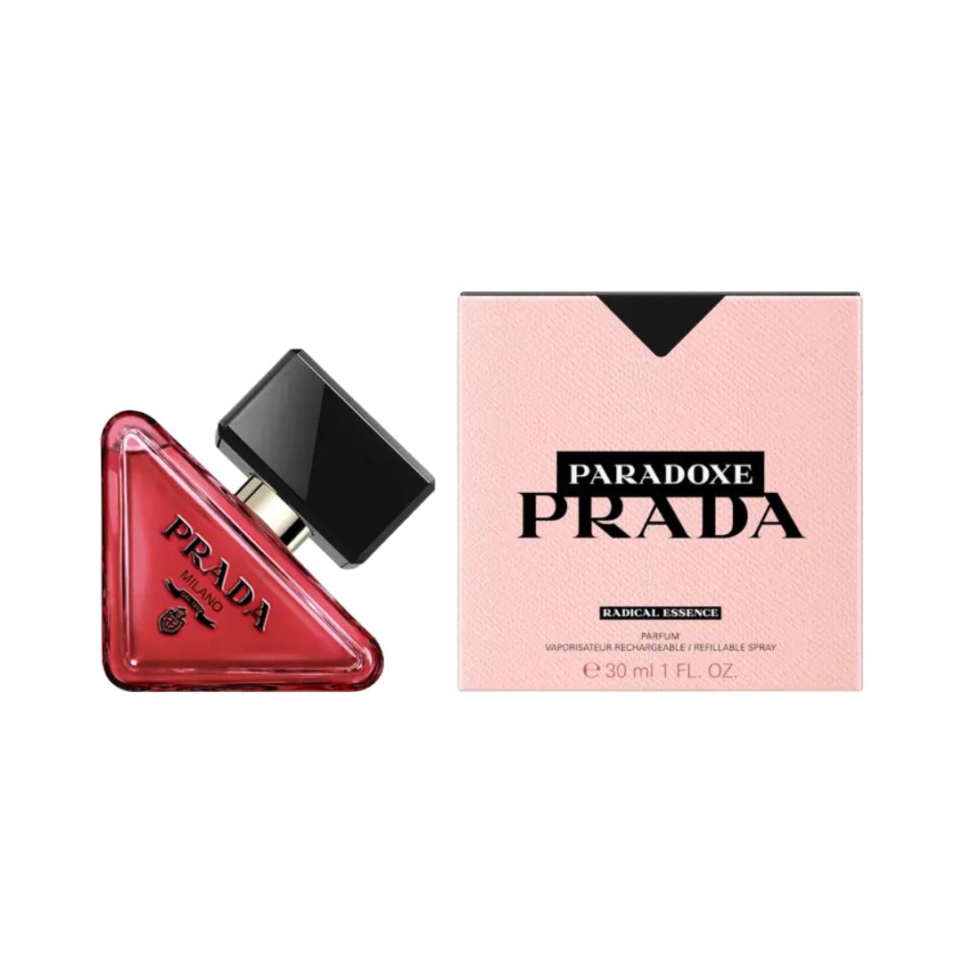Prada Paradoxe Radical Essence Parfum 30ml, a sleek, modern, refillable triangular bottle, suggesting a bold, gourmand, and sophisticated feminine fragrance.