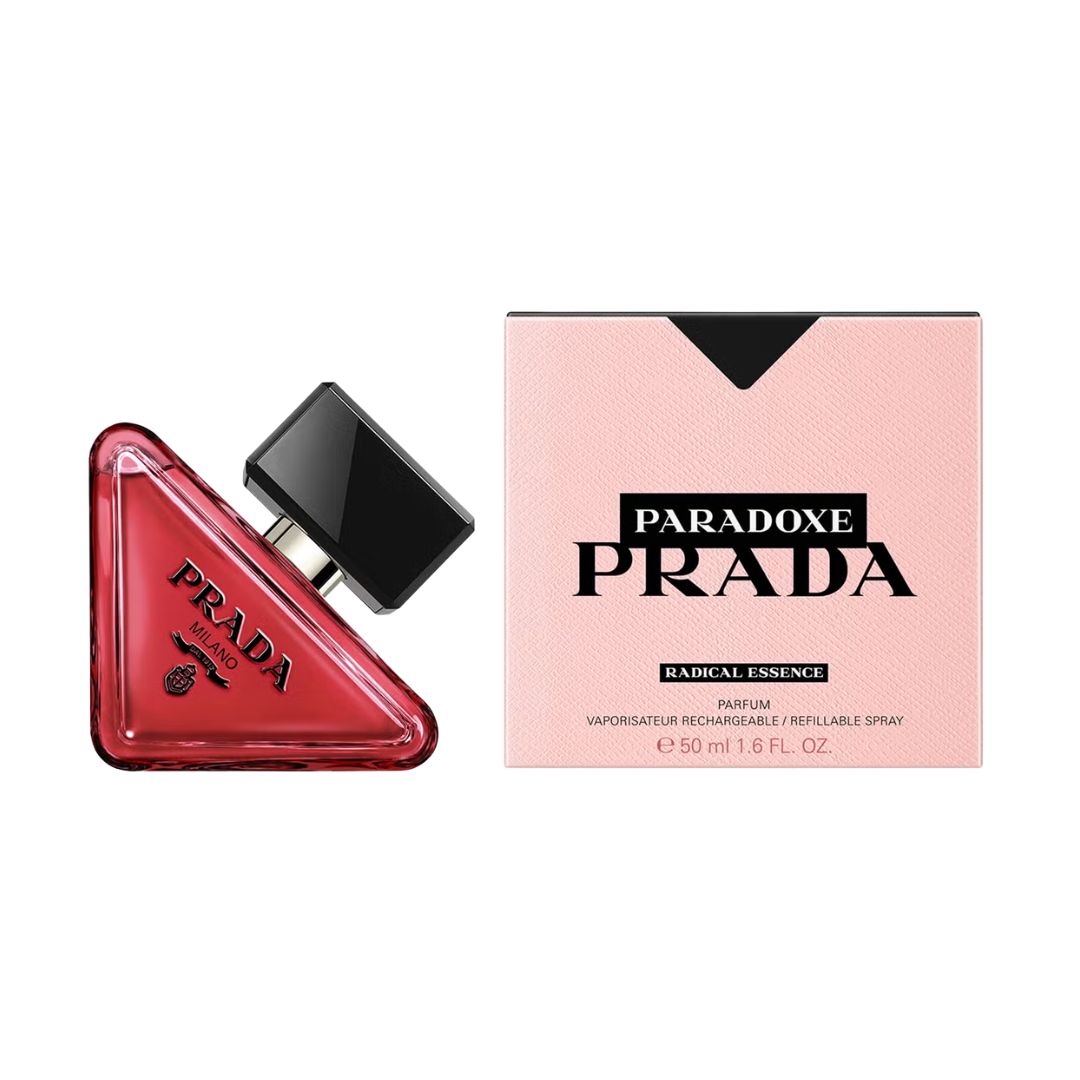Prada Paradoxe Radical Essence Parfum 50ml, a sleek, modern, refillable triangular bottle, suggesting a bold, gourmand, and sophisticated feminine fragrance.