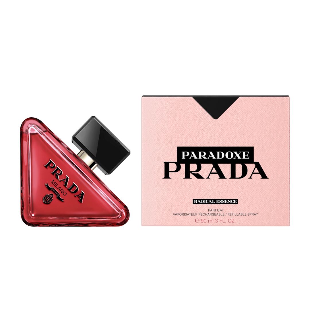 Prada Paradoxe Radical Essence Parfum 90ml, a sleek, modern, refillable triangular bottle, suggesting a bold, gourmand, and sophisticated feminine fragrance.