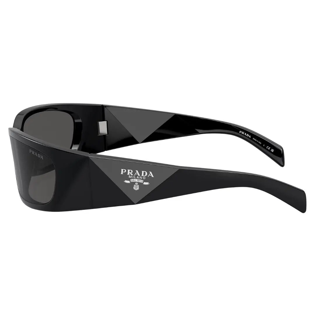 Side view of Prada PR A14S showing wide faceted temples with silver Prada Milano branding - Gadgets Online NZ