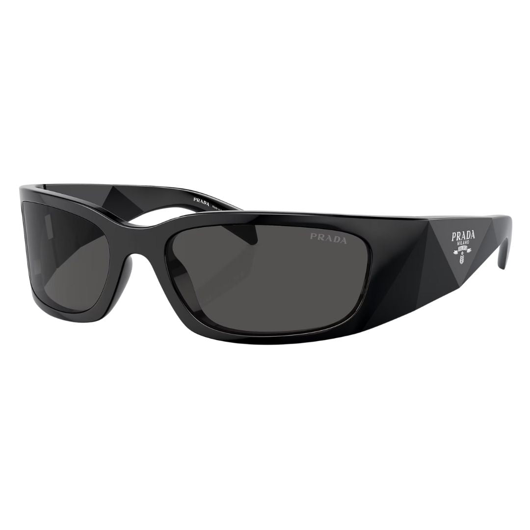 Prada PR A14S 1AB5S0 wrap sunglasses in shiny black with dark grey lenses and faceted temples - Gadgets Online NZ